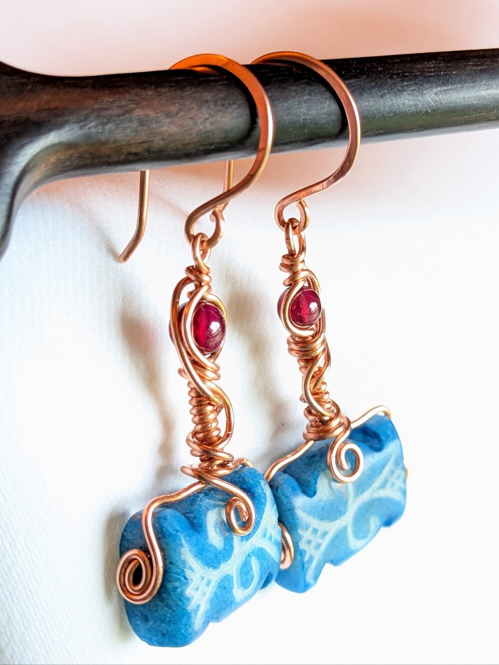 Viking Inspired Earrings Carved Vintage Glass And Garnets In Copper - Picture 4 of 16